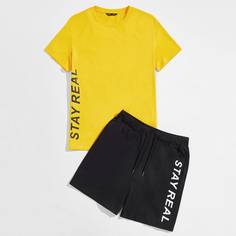 Мужские шорты на кулиске и топ с текстовым принтом Shein