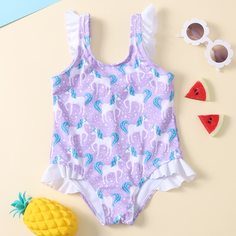 с оборками Мультяшный принт милый Купальники для девочек Shein