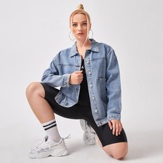 с карманами Одноцветный Повседневный Джинсовая куртка размера плюс Shein