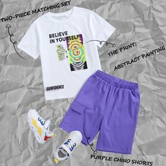 Шорты с карманом и футболка с текстовым принтом для мальчиков Shein