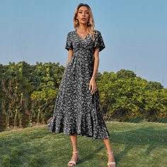 с поясом цветочный Бохо Платье Shein