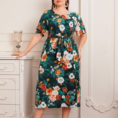 Платье размера плюс с цветочным принтом и поясом Shein