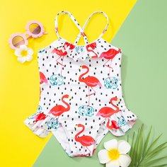 Слитный купальник с принтом фламинго для девочек Shein