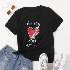 буква Повседневный Футболка размера плюс Shein