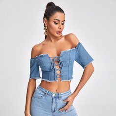 Джинсовый топ со шнурком и открытыми плечами Shein