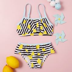 с оборками Полосатый милый Купальники для девочек Shein