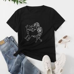 Мультяшный принт Повседневный Футболка размера плюс Shein