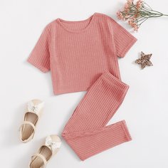 Вязаная футболка и леггинсы в рубчик для девочек Shein
