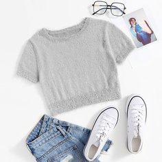 Одноцветный Повседневный Трикотажные топы Shein