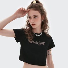 Короткая футболка с текстовым узором из стразов Shein