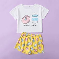 Пижама с текстовым и мультипликационным принтом для девочек Shein