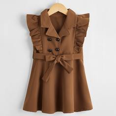 Двубортное платье с поясом и оборкой для девочек Shein