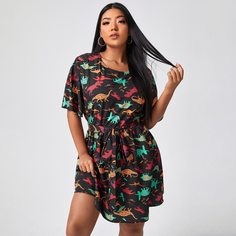 Платье размера плюс с принтом динозавра и поясом Shein