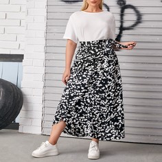 Однотонный топ и юбка размера плюс с принтом, поясом Shein