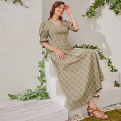 Платье в клетку с пышными рукавами и пуговицами Shein