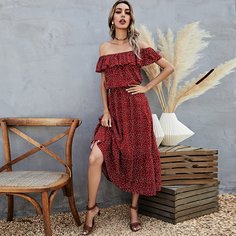 с оборками В горошек Бохо Платье Shein