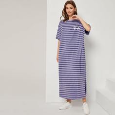 Платье-футболка с текстовым принтом в полоску Shein