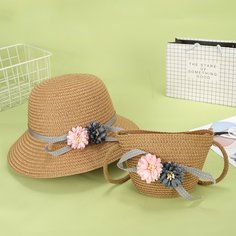 Соломенная сумка для девочек с цветочным декором и шляпой Shein