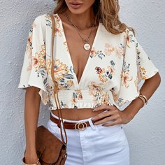 Оборка Цветочный Бохо Блузы Shein