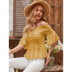 Блузка с открытыми плечами в горошек Shein