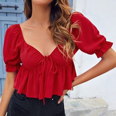 С оборками Одноцветный Бохо Женские топы Shein