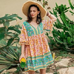 с бахромой Цветочный принт Бохо Платье Shein