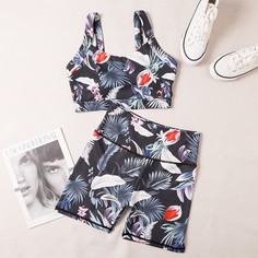 Спортивный бюстгальтер с тропическим принтом и велошорты Shein