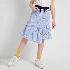 Асимметричная юбка в полоску с цветочным принтом и поясом для девочек Shein