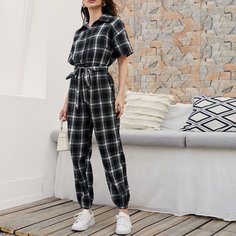 Комбинезон-рубашка с поясом в клетку Shein