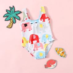 Слитный купальник с рисунком слона для девочек Shein