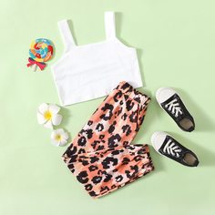 Короткая майка и брюки с леопардовым принтом для девочек Shein