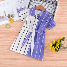 Двухцветное платье-рубашка в полоску на кулиске с пуговицами для девочек Shein