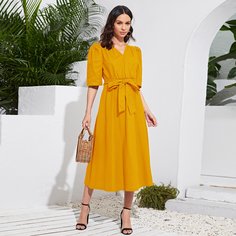 с поясом Одноцветный Бохо Платье Shein