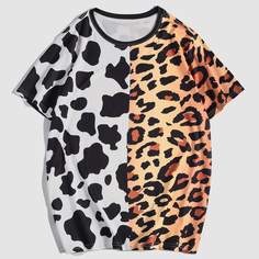 Мужская двухцветная футболка с леопардовым и коровьим принтом Shein