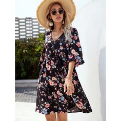 Платье с открытой спиной, цветочным принтом и v-образным воротником Shein