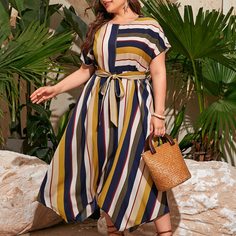 Асимметричный Полосатый Повседневный Платья размер плюс Shein