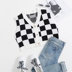 Пуговица Клетка Повседневный Кардиганы Shein