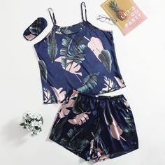 3шт атласная пижама размера плюс с лиственным принтом Shein