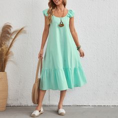 с оборками Одноцветный милый Платье Shein