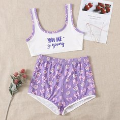 Контрастная отделка Лозунг милый Пижама Shein