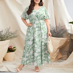 Платье размера плюс с цветочным принтом и v-образным воротником Shein