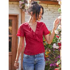 с оборками Одноцветный Бохо Блузы Shein