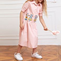 Однобортное платье с цветочной вышивкой для девочек Shein