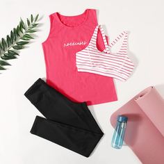 3шт спортивный бюстгальтер, майка и леггинсы Shein