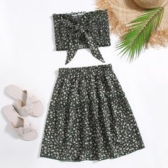 Юбка и топ с узлом, цветочным принтом Shein