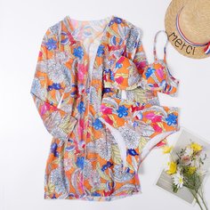Купальник бикини и кимоно с цветочным узором 3шт Shein