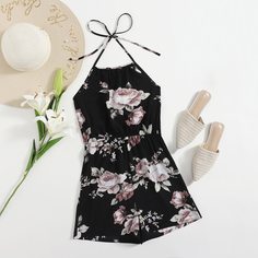 Открытая спина Со цветочками Бохо Комбинезоны Shein