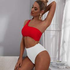 Двухцветный слитный купальник на одно плечо Shein