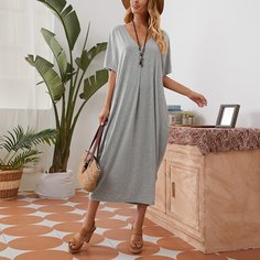 Однотонное платье с v-образным воротником Shein