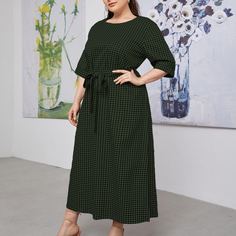 с поясом Клетчатый Повседневный Платья размер плюс Shein